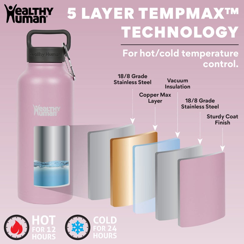 Healthy Human Stainless Steel Water Bottle | Double Walled Vacuum Insulated Water Thermos for Adults | Eco-Friendly Travel Bottles with Leak Proof Lid (Petal Pink, 21 oz/ 621 ML) - Image 4